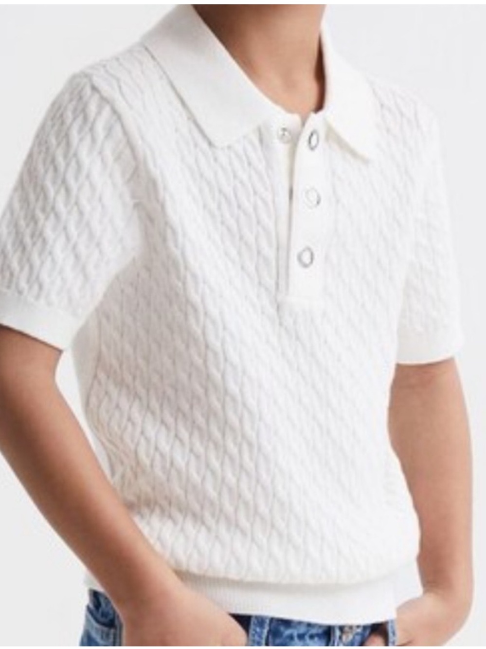 REISS Kids Eli Ecru White Cable Knit Polo Shirt Youth Size 8-9Y